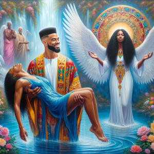 An oil painting depicting a light-skinned African-American pasto...