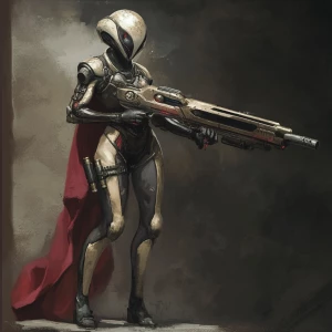 Design an image of an alien female with oversized plasma rifles,...