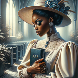 Render an airbrush oil painting of an African American woman with flawless makeup in a
contemplative pose, holding a Bible close to her heart, dressed in an elegant Sunday Best
outfit with a distinctive Church Hat. The background features a peaceful church garden,
with light filtering through the trees, highlighting her spiritual connection and the personal
moment of reflection. The artwork should capture the tranquility of the scene, the beauty
of her attire, and the depth of her contemplation, reflecting a serene and spiritually