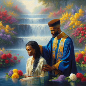 An oil painting depicting a light-skinned African-American pasto...