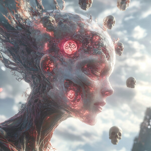 A majestic flying alien queen with torn ruby and crystal skin, a...