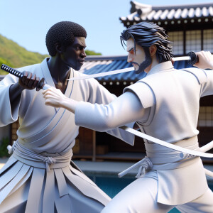 Two samurai fighting each other, japanese background, serious an...