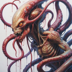 A tentacled alien, its grotesque appendages tangled and decayed,...