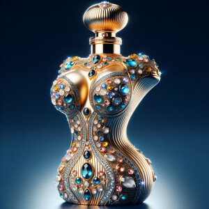 Create a 3-D realistic gold and  blue, colorful jewels perfume bottle
In the shape of a women’s body with the name Karen