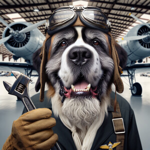 Antropomorphic old St Bernard clad in pilot outfit and goggles,...