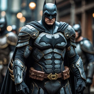 Batman in armor that resembles fantasy scale mail