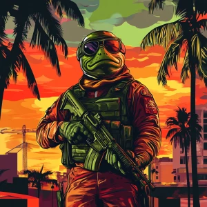MEME PEPE in GTA art style — Preparing for war — in the style of...