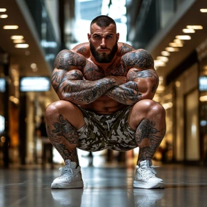 A muscular individual is squatting in a versatile pose, accentua...