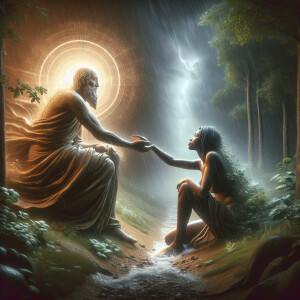 Create an emotional scene where Jesus consoles a modern American...