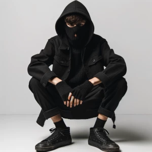 Teen boy in ski mask and black fingerless gloves in an black  ja...