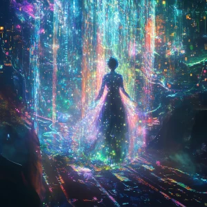 In the shimmering digital realm of a fabled virtual concert, an...