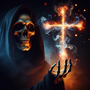 A close-up, cinematic painting of the Grim Reaper skeleton, capt...