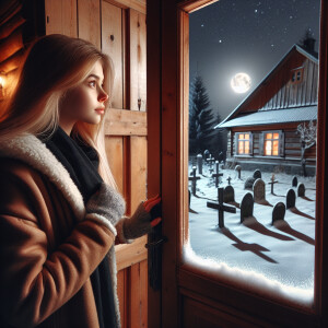 A girl with blonde hair opens the door of a house, looks at a gr...