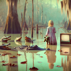 a girl in close proximity to three alligators in a Louisiana swa...