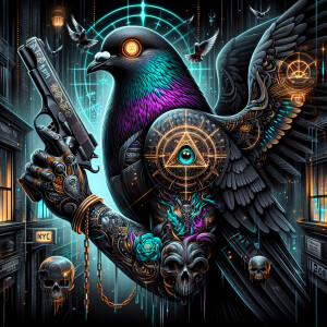 A dystopian dark art image of a menacing winged pegion with ligh...