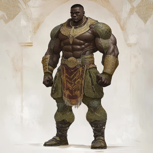 Visualize Titan, a Nigerian superhero, standing at 8 feet 9 inch...