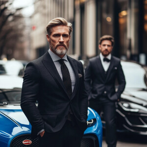 50 years old men selling a line of different Bugatti cars. In th...