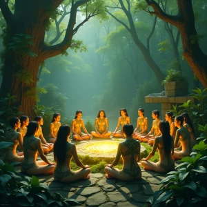 In the heart of a lush forest, a circle of technologically augme...