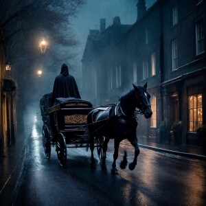 A spectral, skeletal figure cloaked in a tattered black robe dri...