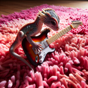 A baby dragon playing the electric guitar on a pink shag carpet.