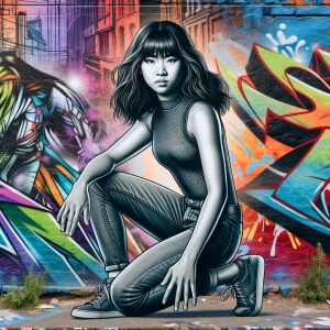 teenage girl, long brown hair and bangs, wearing tight skinny jeans and a halter top paint marks on her clothing, heroic pose Asian graffiti background, nearing on one knee