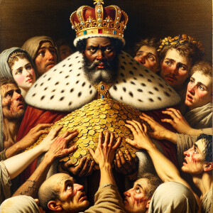 Gavin Newsom as a king hoarding money as he looks down on people...