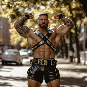 In this image, a muscular man is posing on an outdoor street, fl...