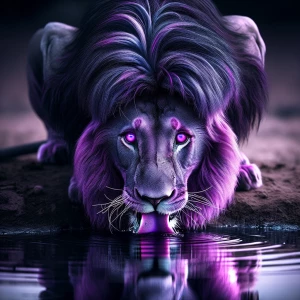 Lion with deep purple fur , neon purple eyes, getting a drink of...