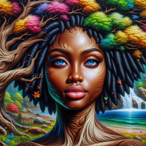 Create a close-up, hyper-realistic 3-D oil painting of a tree wi...