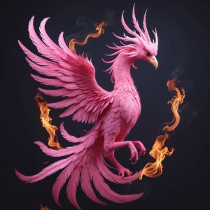 realistic pink phoenix on dark background with flames around the...