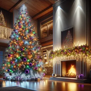 Generate an image of a realistic Christmas tree placed next to a...