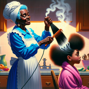 Create a realistic 3-D image of an african-American grandmother wearing a blue house dress and a white apron . She is in the kitchen with her african-American granddaughter. Her granddaughter is wearing a pink bath robe. The grandmother has a hot comb in her hand and she is straightening her granddaughters hair. One side of her granddaughters hair is in  a Afro the other straight 
There is smoke coming from the hot comb
The granddaughter is making a face