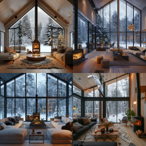 A nice house in the living room see through window snowing with...