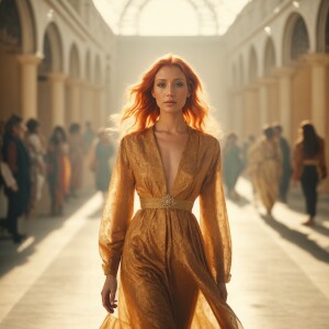 Photorealistic image. Walking down a Runway walk image. Head to...