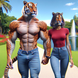 Augmented reality A Man-Tiger Hybrid with huge muscles with vein...
