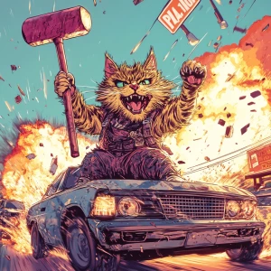 A wild, high-energy cat with spiked fur and a giant mallet, ridi...