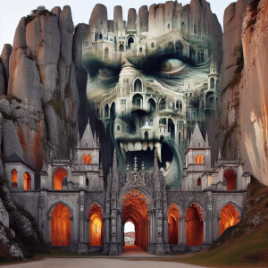 optical illusion of a grotesque vampires face emerging from the...