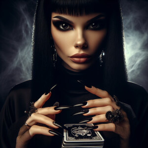 A medium-built woman with long black hair, straight bangs, and b...