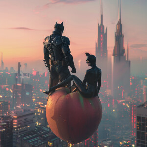 Create a hyper-realistic scene featuring a peach floating in fro...