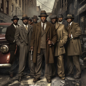 **Visual Prompt for a Group of 1940's G-Men Led by Delroy Lindo:...