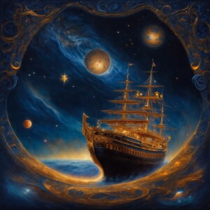 In the expansive darkness of the cosmos, a luminescent spacecraf...