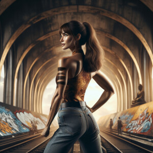 Athletic Thin skinny Attractive, Asian teenage girl, long brown hair and bangs, wearing tight skinny jeans and a halter top paint marks on her clothing, heroic pose Asian graffiti background,  backside view