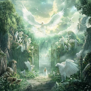 Design an ethereal heaven where angels and a variety of animals...