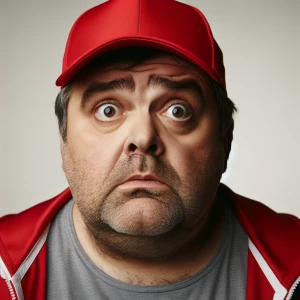 A middle-aged, overweight man with an expression of confusion an...