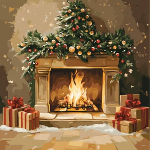 New Year's fireplace with a tree and gifts in carton style