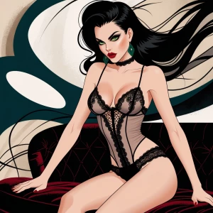 "a sensual, curvy femme with piercing green eyes and raven-black...
