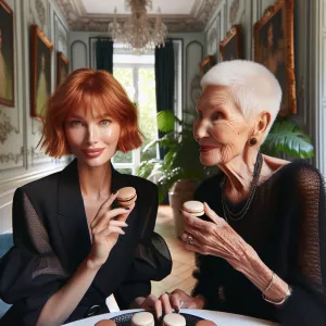 A 45-year-old ginger-haired woman wearing a chic black ensemble...