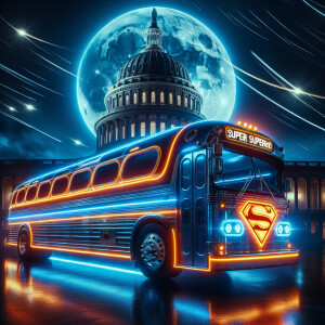 Neon-glow Batman tour bus with startrail and motion blur effects...