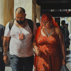 Hyperrealistic painting.A sweaty beefy man walking with his 54 y...