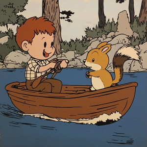 The boy and the squirrel in the boat --sref 1742554747
